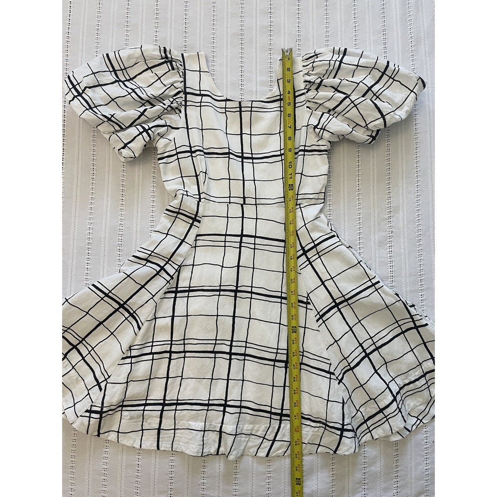 Aureta Linen Blend Puff Sleeve Mini Dress Abstract Grid Check Open Back Size S - Picture 9 of 13